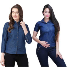 Womens Denim Solid Shirt Buy 1 Get 1 Free Navy Blue Pattern